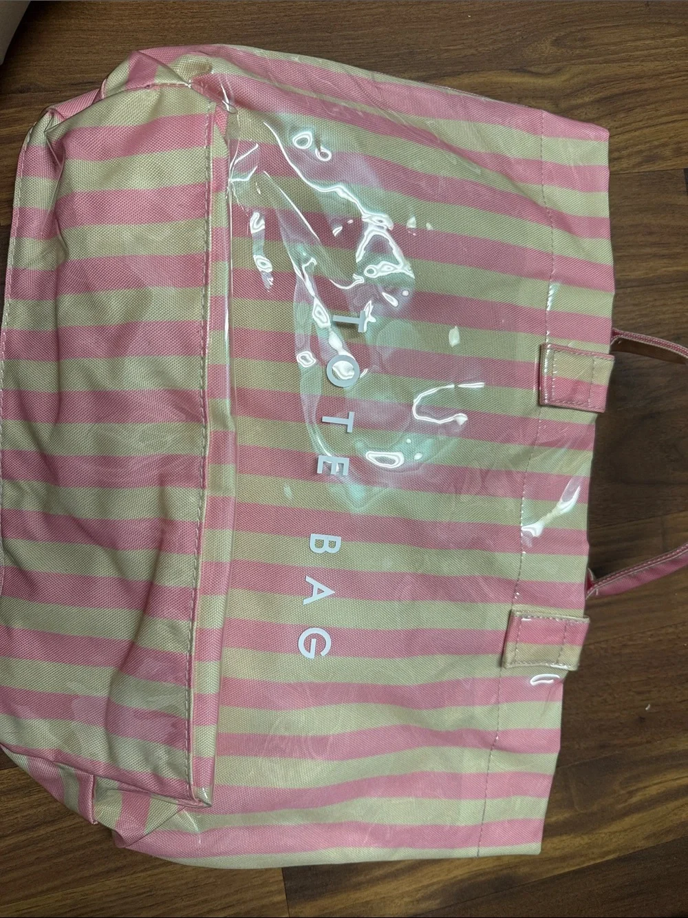 Pink & Cream Striped Glossy PVC Tote Bag | Beach Pool Travel Carryall
